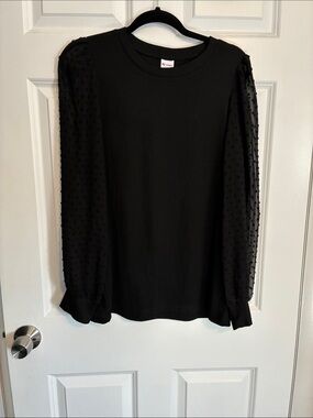 Without Walls Black Crewneck Top with Sheer Dot Sleeves